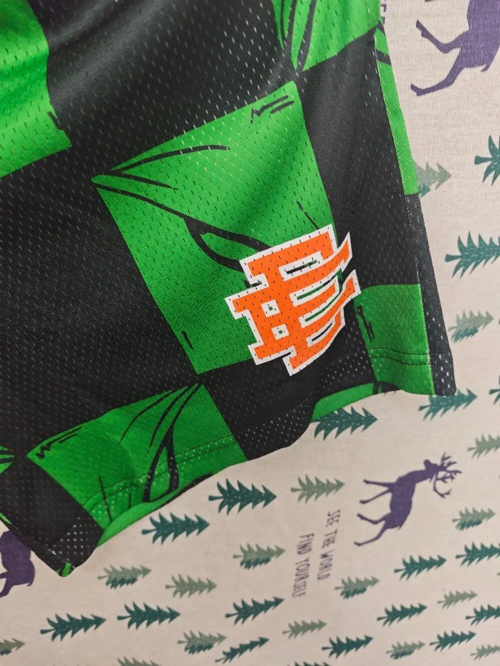 Eric Emanuel Green and Black Checkerboard Athletic Shorts with Orange Logo